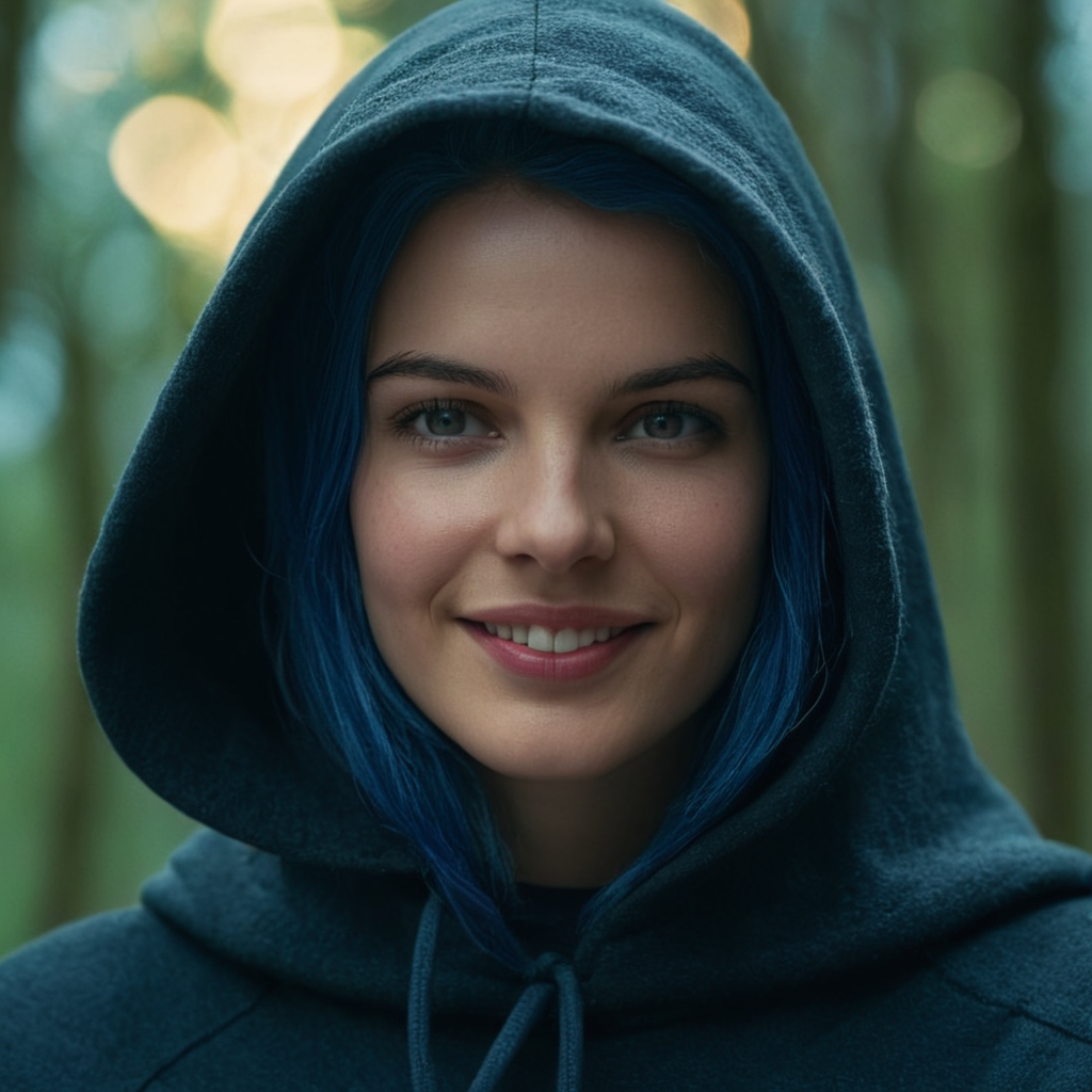 cinematic film still of  <lora:Sharp detailed high quality image style v1:1>
Sharp detailed high quality image of a woman with a hood on smiling and wearing a hood, detailed background, 12K, high megapixel, realistic, realism, different, raw image, sharp style, 1girl, solo, looking at viewer, smile, 1boy, blue hair, yellow eyes, male focus, teeth, hood, grin, lips, portrait, close-up, hood up, ranni the witch
, shallow depth of field, vignette, highly detailed, high budget, bokeh, cinemascope, moody, epic, gorgeous, film grain, grainy