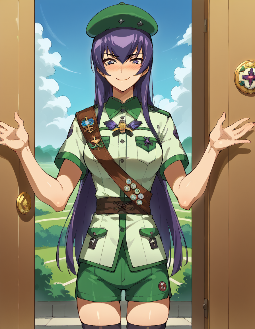 score_9, score_8_up, score_7_up, source_anime, <lora:saeko-busujima-ponyxl-lora-nochekaiser:1>, saeko busujima, long hair, purple hair, purple eyes, hair between eyes, large breasts,, <lora:girl-scout-uniform-ponyxl-lora-nochekaiser:1> girl scout uniform, badge, beret, breast pocket, girl scout, green hat, hat, short sleeves, shirt, green shirt, shoulder sash, medal, button badge, uniform, shorts, green shorts, short shorts, kneehighs,, smile, blush, looking at viewer, blue sky, clouds, entrance, doorway, <lora:incoming-gift-ponyxl-lora-nochekaiser:1>, incoming gift, outstretched arms, holding, holding box, box, cardboard box,, cowboy shot,