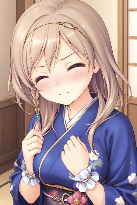 masterpiece, best quality, absurdres, official art, official style, rating general BREAK <lora:sarashinamutsumi_IL_v1-1:0.7>, sarashina mutsumi, 1girl, solo, green eyes, mole under eye, light brown hair, long hair, single braid, side braid, hair between eyes, swept bangs, head chain, gold trim, hair tubes, green gem, hair over shoulder, large breasts, medium breasts, japanese clothes, blue kimono, short kimono, print kimono, floral print, long sleeves, wide sleeves, wrist cuffs, close-up, portrait, upper body, indoors,
blush, ^ ^, closed eyes, closed mouth, facing viewer, frown, furrowed brow, wavy mouth