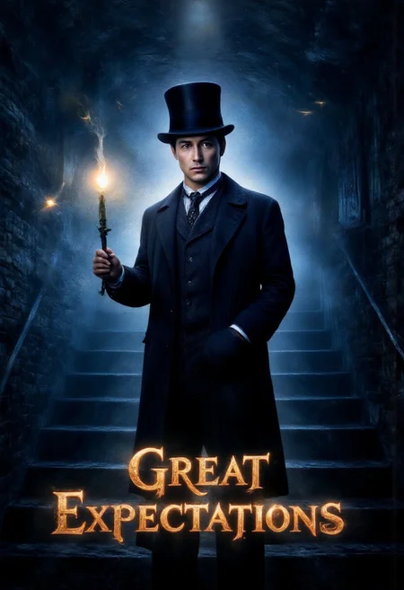 striking digital portrait of man, fantasy horror gothic style poster, historical and mythological themes. slim, heroic, young man in top hat and Victorian-style clothes, holding a candle, intense stare, looking at camera. The man is dressed in a Dickensian clothes, highly detailed. The man holds a candelabra glowing with celestial light casting shadows on his face. Standing at the top of a dark and shadowy staircase. Ethereal fantasy typography "Great Expectations" floating in lower half of the image in celestial starlight, shimmering metallic gold letters with intricate cosmic swirls, mystical moonlit, crystalline sparkles, elegant serif font, dreamy atmospheric glow, cinematic 8K, epic fantasy. Rim lit, soft glow. dark and moody, with an ethereal quality. candlelight casting shadows. Background navy ebru marbling, swirling magic. Dominant colours navy, black, and white. floating sparks, streams of energy