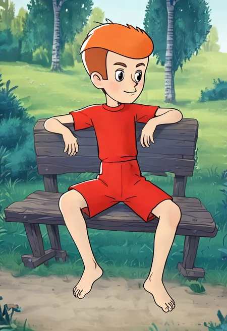 score_7, score_8, score_9, solo male, well detailed, 2d, flat colours, vector, line art, cartoon, 1boy, shorty boy, well drawn, detailed , prostokvashino, fyodor, boy with short orange hair, skinny shorty boy, posing against viewer, red shorts, barefoot, forest background, resting pose on wooden bench , black eyes,