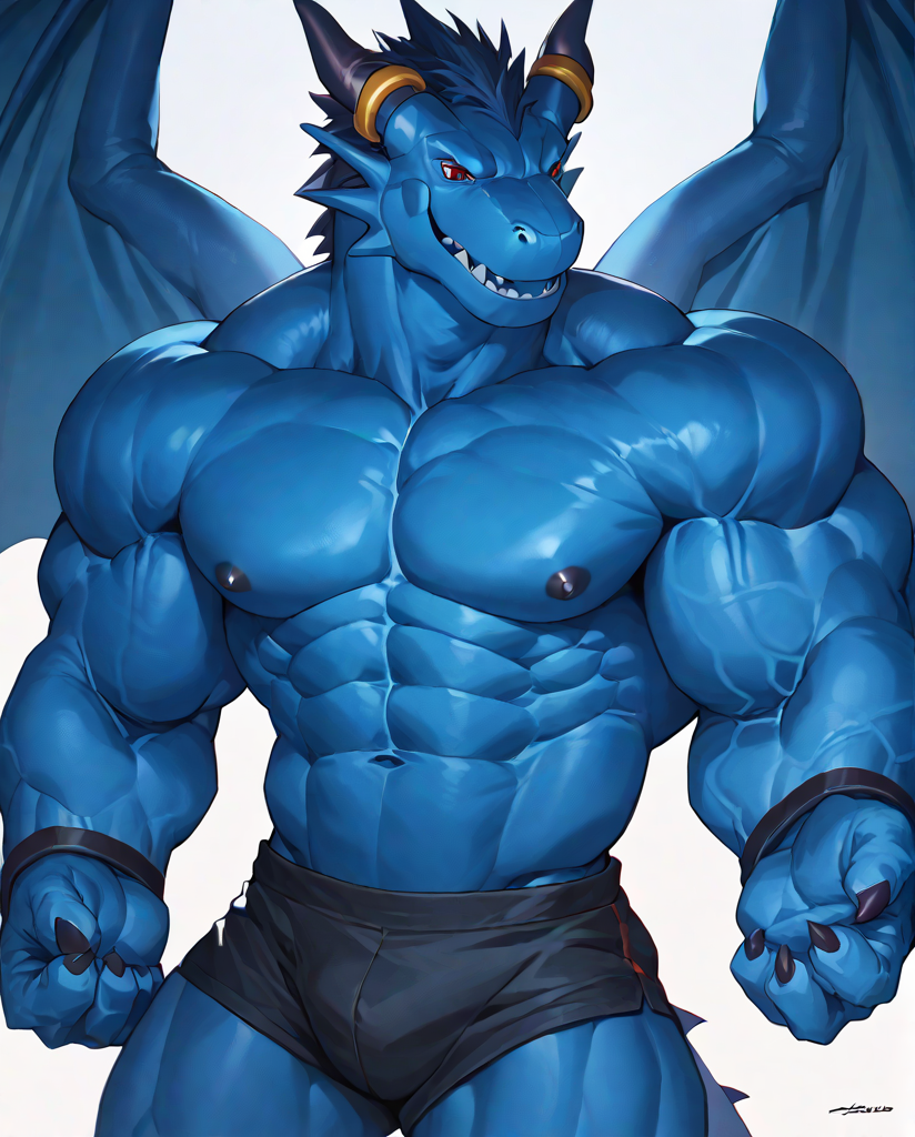 source_furry,score_9,score_8 up,score_7 up,score_6 up,male,anthro,furry,1boy,solo,blue_dragon,dragon,wings,horns,blue body,red eyes,muscles,muscular,bodybuilder,abs,pectorals,biceps,huge muscles,large muscles,hyper muscles,<lora:Blue_Dragon:0.9>,
