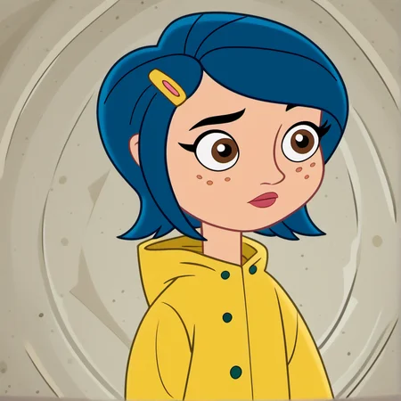 1girl, solo, povenmirestyle2, short hair, blue hair, freckles, hair ornament, brown eyes, hairclip, yellow raincoat, toon \(style\), <lora:povenmirestyle2>, <lora:coraline_pony:0.6>,