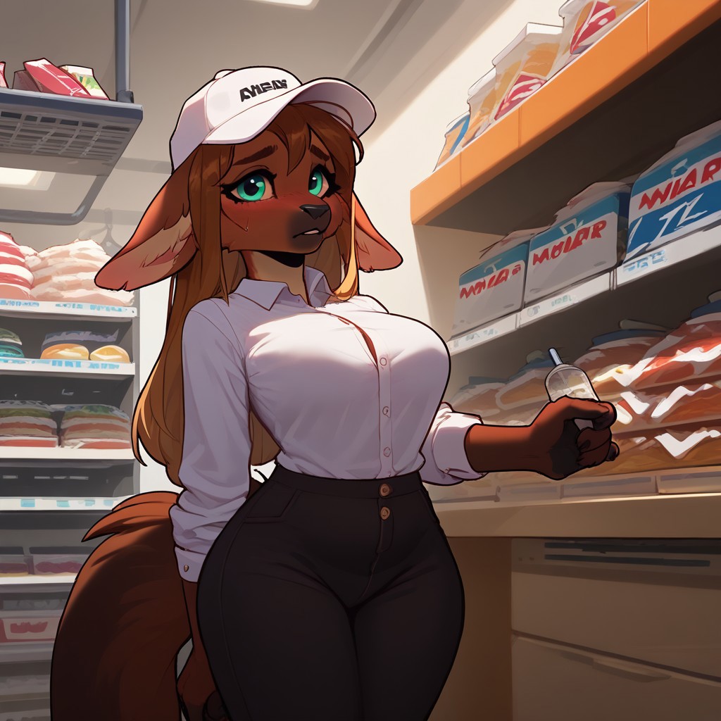 score_9,score_8_up,score_7_up, 1girl, solo, store cashier, hat, anthro, embaassed, shy, tucked belly in pants, long shirt