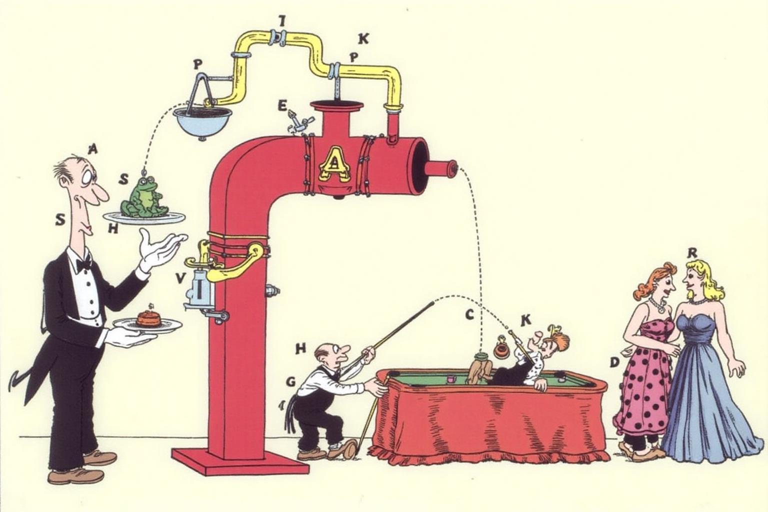 rugo1 illustration. 
a whimsical scene with four figures and a fantastical machine. On the left, a tall, thin man in a black tuxedo, bow tie, and white gloves holds a tray with a green frog and a small, round dish. He looks up at a large, red, cylindrical machine with a yellow spout, labeled "A. In the center, a small man is shooting pool on top of a red table. On the right a couple is standing.
 <lora:rugo1_cap_d6a3e11:1.0><lora:828774176962774706:0>
