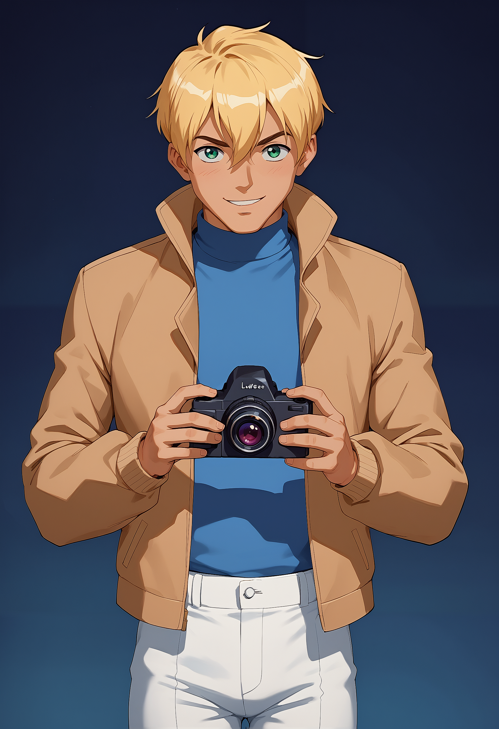 embedding:Pony\Positive\zPDXL3, score_9, score_8_up, score_7_up, kylekatz_ts!, 1boy, male focus, blonde hair, green eyes, light tanned skin, blue turtleneck, tan jacket, white trousers, camera, determine smile, look at viewer, best quality, high resolution, masterpiece.