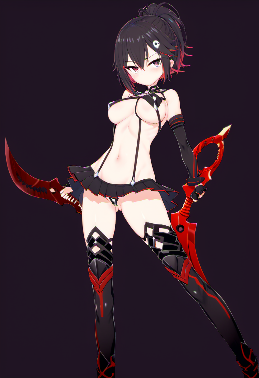 rating: sensitive,   (<lora:Rin_Rokuhara:1>, Rin, 1girl, skull hair ornament,  ponytail) hybrid with (<lora:Matoi_Ryuuko_SDXL:0.9>,1girl, matoi ryuuko, senketsu, scissor blade, solo, breasts, navel, suspenders, skirt, underboob, holding weapon, thighhighs,  revealing clothes, holding, medium breasts, two-tone hair, boots, white background, streaked hair, looking at viewer, closed mouth, thigh boots, simple background, hair between eyes, standing, holding sword, black pleated microskirt, bangs), masterpiece, best quality