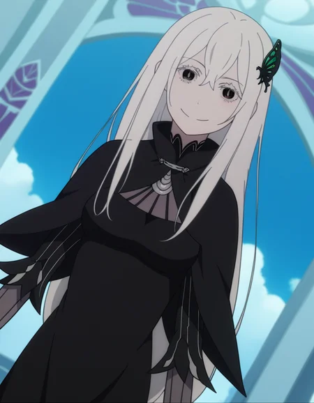 score_9, score_8_up, score_7_up, source_anime, <lora:rezero-echidna-s2-ponyxl-lora-nochekaiser:1>, echidna, colored eyelashes, white hair, hair between eyes, long hair, straight hair, black eyes, medium breasts,, black capelet, black dress, butterfly hair ornament, capelet, dress, hair ornament,, indoors, smile, looking at viewer, solo,, cowboy shot, dutch angle