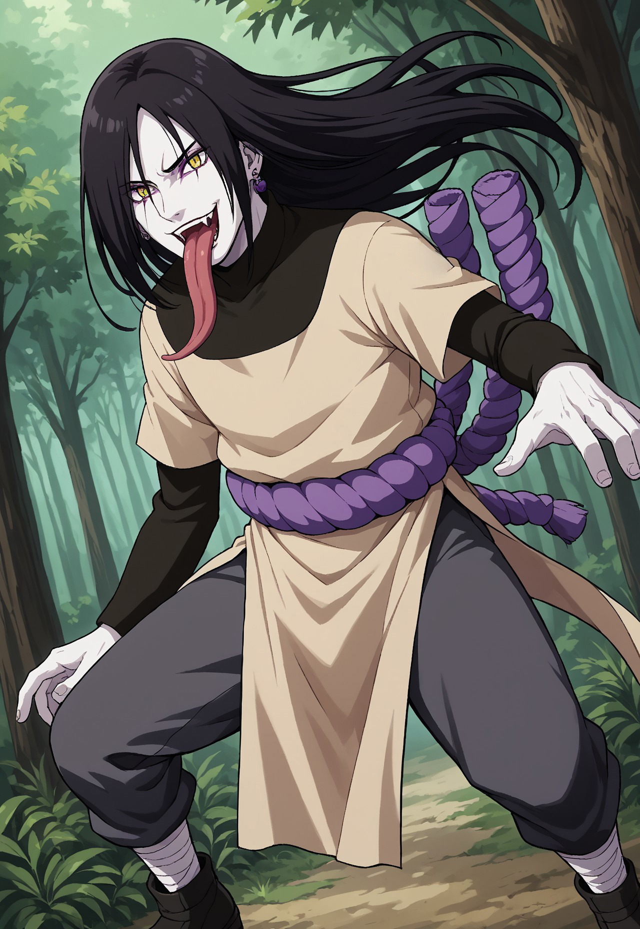 score_9, score_8_up, score_7_up, masterpiece, best quality, very aesthetic, NRTO_Orochimaru, 1boy, solo, male focus, black hair, long hair, yellow eyes, slit pupils, white skin, purple eyeliner, magatama earrings, beige shirt, layered sleeves, short over long sleeves, purple rope belt, shimenawa, grey pants, beige pelvic curtain, leg wrap, black shoes, toeless footwear, long tongue, open mouth, fangs, dynamic pose, perspective, forest