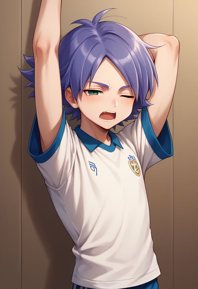 score_9, score_8_up, score_7_up, source_anime, highly detailed, 1boy, solo, male_focused 
fubuki_shirou, purple hair, green eyes, sportswear, soccer uniform, cute, skinny, slender, 
indoor, yawning, sleepy, stretching, pajama,