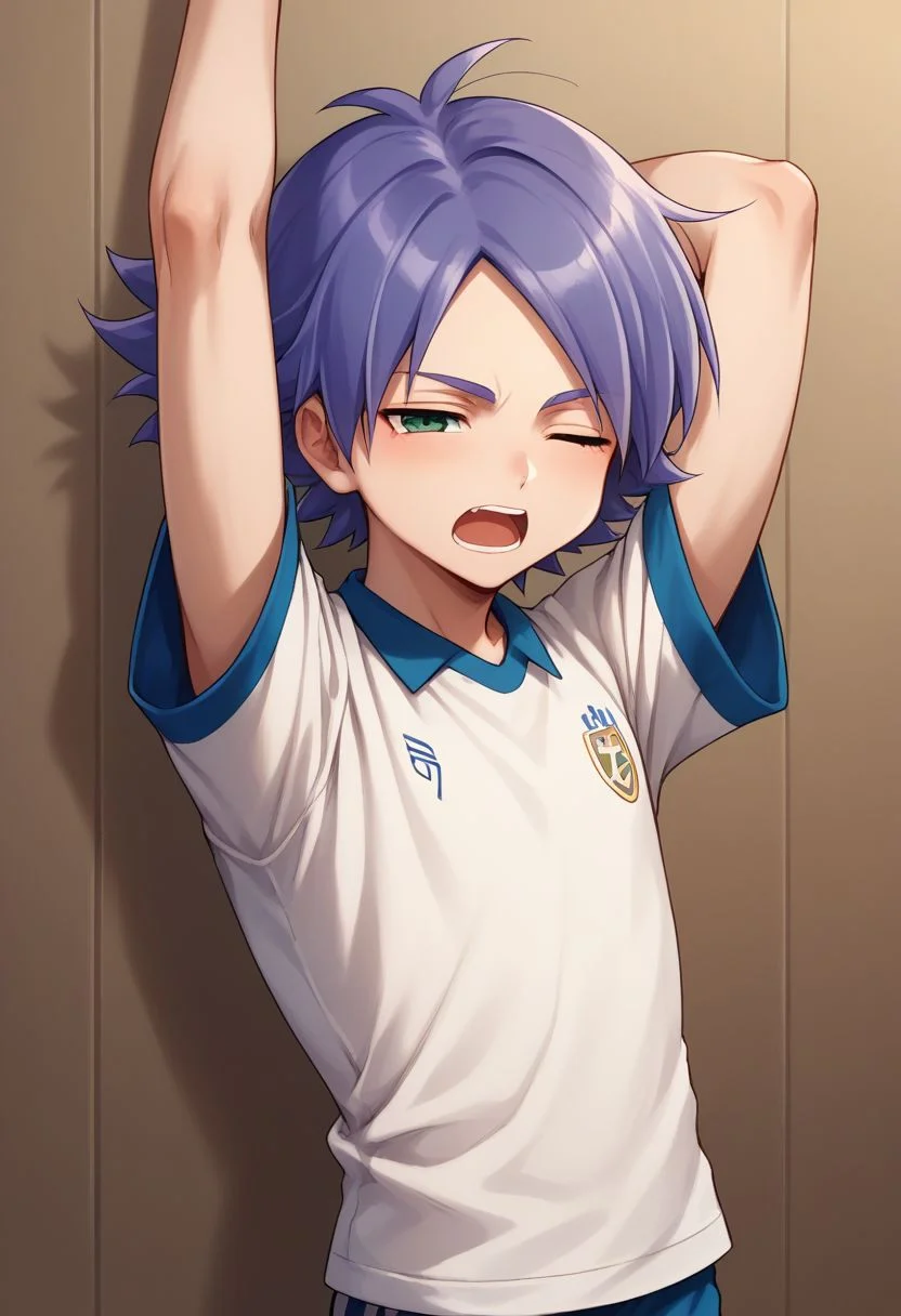 score_9, score_8_up, score_7_up, source_anime, highly detailed, 1boy, solo, male_focused
fubuki_shirou, purple hair, green eyes, sportswear, soccer uniform, cute, skinny, slender,
indoor, yawning, sleepy, stretching, pajama,