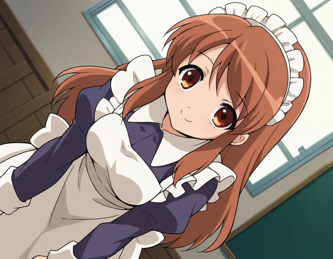 score_9, score_8_up, score_7_up, source_anime,
mikuruasahina, <lora:mikuru-asahina-s1-ponyxl-lora-nochekaiser:1>,
mikuru asahina, long hair, brown hair, brown eyes,
long sleeves, apron, maid, maid headdress,
indoors, classroom, bent over, smile,
looking at viewer, dutch angle, cowboy shot, solo,