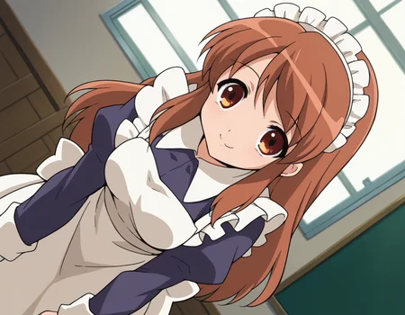score_9, score_8_up, score_7_up, source_anime,
mikuruasahina, <lora:mikuru-asahina-s1-ponyxl-lora-nochekaiser:1>,
mikuru asahina, long hair, brown hair, brown eyes,
long sleeves, apron, maid, maid headdress,
indoors, classroom, bent over, smile,
looking at viewer, dutch angle, cowboy shot, solo,
