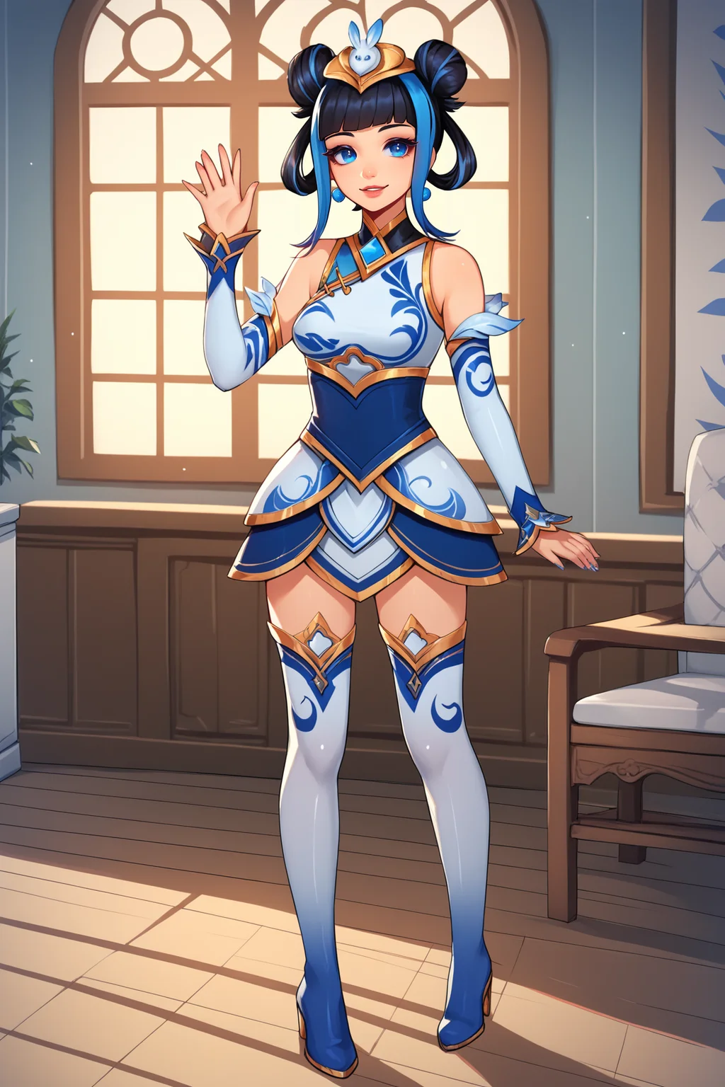 score_9, score_8_up, score_7_up, score_6_up, BREAK, LuxPorcelainXL, blue eyes, black hair, two-tone hair, short hair, blunt bangs, blue sidelocks, double bun, hair rings, hair ornament, medium breasts, white dress, detached sleeves, white thighhighs, white thigh boots, solo, full body, standing, waving, seductive smile, looking at viewer, indoors <lora:LuxPorcelainXL:1>