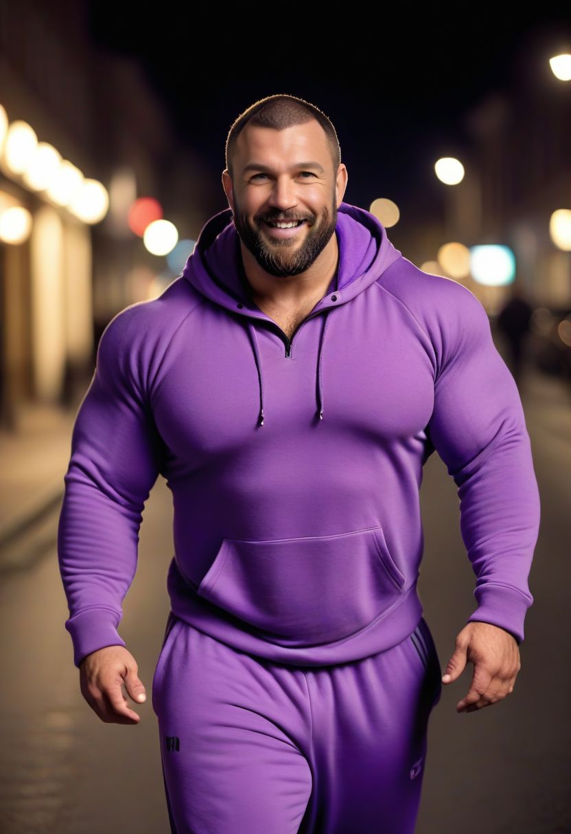 cinematic film still beautiful portrait of a handsome super huge hairy body muscular chunky bearded mature hairy man, walking in the street at night, walking towards viewer, wearing tight full body purple sweats outfit, large bulge , open hoodie, smile, action shot . shallow depth of field, vignette, highly detailed, high budget, bokeh, cinemascope, moody, epic, gorgeous, film grain, grainy
