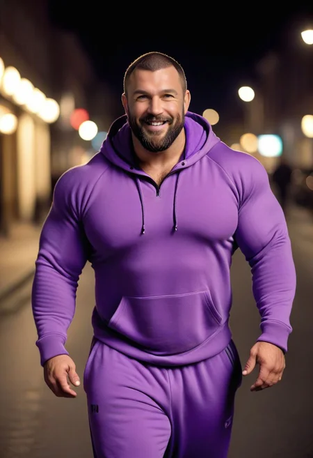 cinematic film still beautiful portrait of a handsome super huge hairy body muscular chunky bearded mature hairy man, walking in the street at night, walking towards viewer, wearing tight full body purple sweats outfit, large bulge , open hoodie, smile, action shot . shallow depth of field, vignette, highly detailed, high budget, bokeh, cinemascope, moody, epic, gorgeous, film grain, grainy