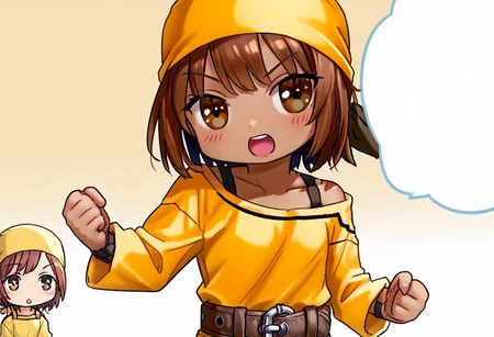 score_8, score_8_up, score_7_up, yuri_conquer, 1girl, female focus, solo, Razzy_SCS, dark-skinned female, brown hair, short hair, bangs, brown eyes, yellow bandana, bandana, yellow shirt, long shirt, off shoulder, off-shoulder shirt, long sleeves, black tanktop, belt, buckle, chibi, open mouth, :D, blush, clenched hand, speech bubble, blank speech bubble