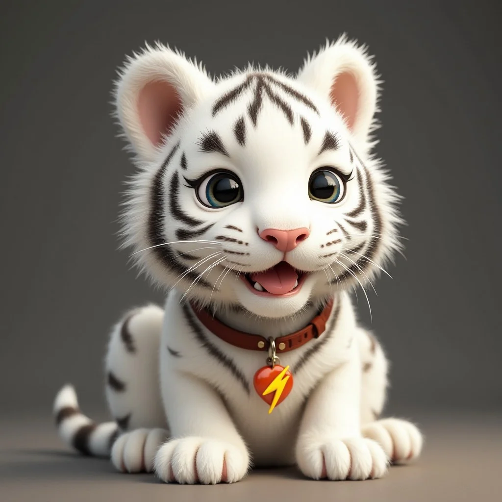 Baby white tiger wearing a collar with a lightning bolt tag, text ‘buzz’