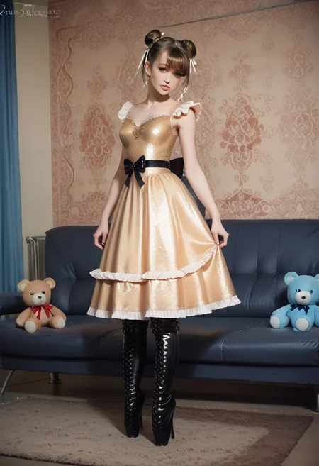 score_9, score_8_up, score_7_up, Expressiveh, 1dk
gold princess dress, sequins, gems, ribbon, lace, bow, frills, layered dress, high heels, thigh high boots
medium breasts, cute, petite, thin, Katie, highly detailed, brown hair in twin buns, thigh gap, perfect skin, seductive look, full body image,
Background is a bedroom with girl theme, stuffed animals, cute toys, neon lights