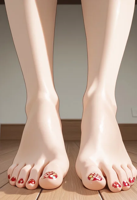 1girl, solo, barefoot, feet, wooden floor, (patterned toenail_polish), ((close-up)), lower_body, spreading toes, detailed feet, feet_focus, perfect toes, toes focus, close-up on toes, five_toes, from below