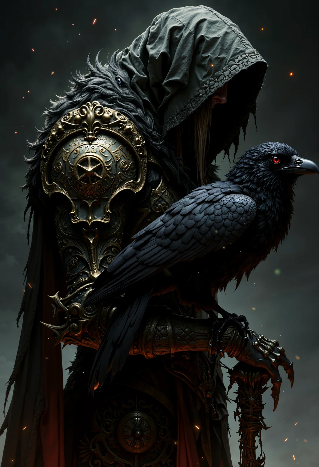 bo-an1me, high quality, ultra detailed, dark fantasy illustration of, A dark, atmospheric portrayal of a cloaked figure with a raven perched on their arm. The figure wears a hooded cloak and ornate, metallic armor with intricate designs. The raven's beak is sharp and pointed, and its eyes are focused intently on something in the distance. The dark background is filled with sparks, creating a dramatic and mysterious atmosphere. The color palette consists primarily of dark shades of gray, black, and brown, with the raven's silver and black feathers contrasting against the lighter background. The image conveys a sense of mystery and foreboding, suggesting a narrative or narrative setting.<lora:boFLUX Anime Abyss.safetensors:1.0:1.0>