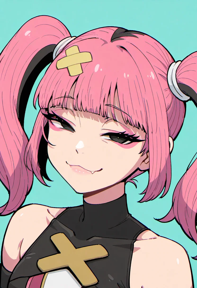 masterpiece, best quality, 1girl, solo, looking at viewer, zzSango2, black eyes, pink hair, blunt bangs, looking at viewer, ( jitome, half-closed eyes), pink eyeshadow, beautiful eyes, (single fang, :3:1.1), turtleneck, (smug), dress, bare shoulders, collarbone, upper body, makeup, lipstick, ,<lora:SangoTimeSkipPokemon_IXL:1.0>,