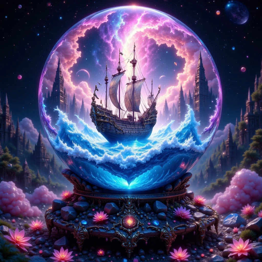 bo-exposure, pinketherealmj, a crystal ball showing A beautiful magical ocean inside, with a fleet of fantasy style mini viking ships. The crystal ball is floating inside a colorful cosmic storm on space, magical glow, internal glow, magic, fantasy, glowing, colorful,
