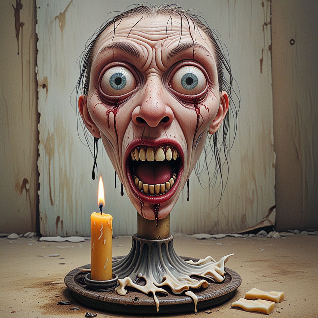 cradimerdo tongs,Horror-style oil painting: A white candle is horrified and confused and screams furiously in despair when it realizes that it is beginning to melt. She is on a candlestick, she melts and feels fear and horror. The background is empty, dark and blurry. A masterpiece of small details. The art of pop surrealism. Perfect synchronization of soft and bright colors. Pay close attention to small details, absolutely perfect, cinematic effects, High quality.  <
<lora:SDXLHighDetail_v5:1> <lora:cradimerdo:1>