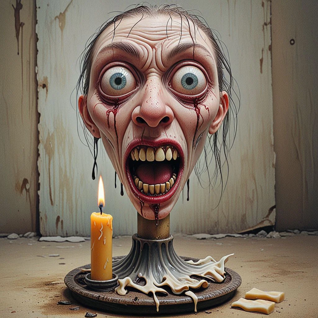 cradimerdo tongs,Horror-style oil painting: A white candle is horrified and confused and screams furiously in despair when it realizes that it is beginning to melt. She is on a candlestick, she melts and feels fear and horror. The background is empty, dark and blurry. A masterpiece of small details. The art of pop surrealism. Perfect synchronization of soft and bright colors. Pay close attention to small details, absolutely perfect, cinematic effects, High quality. <
<lora:SDXLHighDetail_v5:1> <lora:cradimerdo:1>