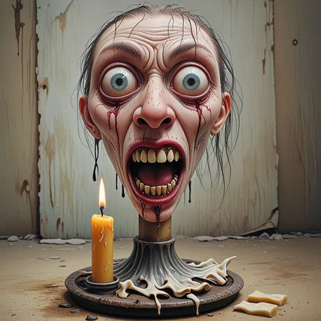cradimerdo tongs,Horror-style oil painting: A white candle is horrified and confused and screams furiously in despair when it realizes that it is beginning to melt. She is on a candlestick, she melts and feels fear and horror. The background is empty, dark and blurry. A masterpiece of small details. The art of pop surrealism. Perfect synchronization of soft and bright colors. Pay close attention to small details, absolutely perfect, cinematic effects, High quality.  <
<lora:SDXLHighDetail_v5:1> <lora:cradimerdo:1>