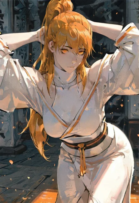 masterpiece, best quality, absurdres, highres,
xiaoninger, 1girl, ponytail, long hair, orange hair, bangs, orange eyes, bare shoulder, breasts, collarbone, hair between eyes, white dress, kimono, sash, two tones dress, turtleneck, realistic, (3d:0.6),
masterpiece, best quality, amazing quality,
dim lighting,  dynamic pose, leaning forward, 1girl, arm behind head, looking at viewer, arms up, 
glowing theme, light embers