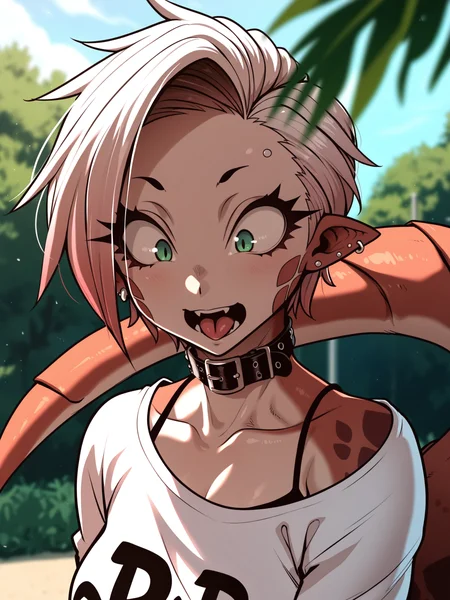 <lora:happy_tentacle-riza-v0.1-000036:0.9>, ht_riza, tail, ear piercing, earrings, belt collar, shirt, off shoulder, spaghetti strap, outdoors , 1girl, solo, upper body , wide-eyed , (tongue out, open mouth :1.1), , looking down , , facing viewer , score_9, score_8_up, score_7_up, score_6_up, score_5_up, score_4_up