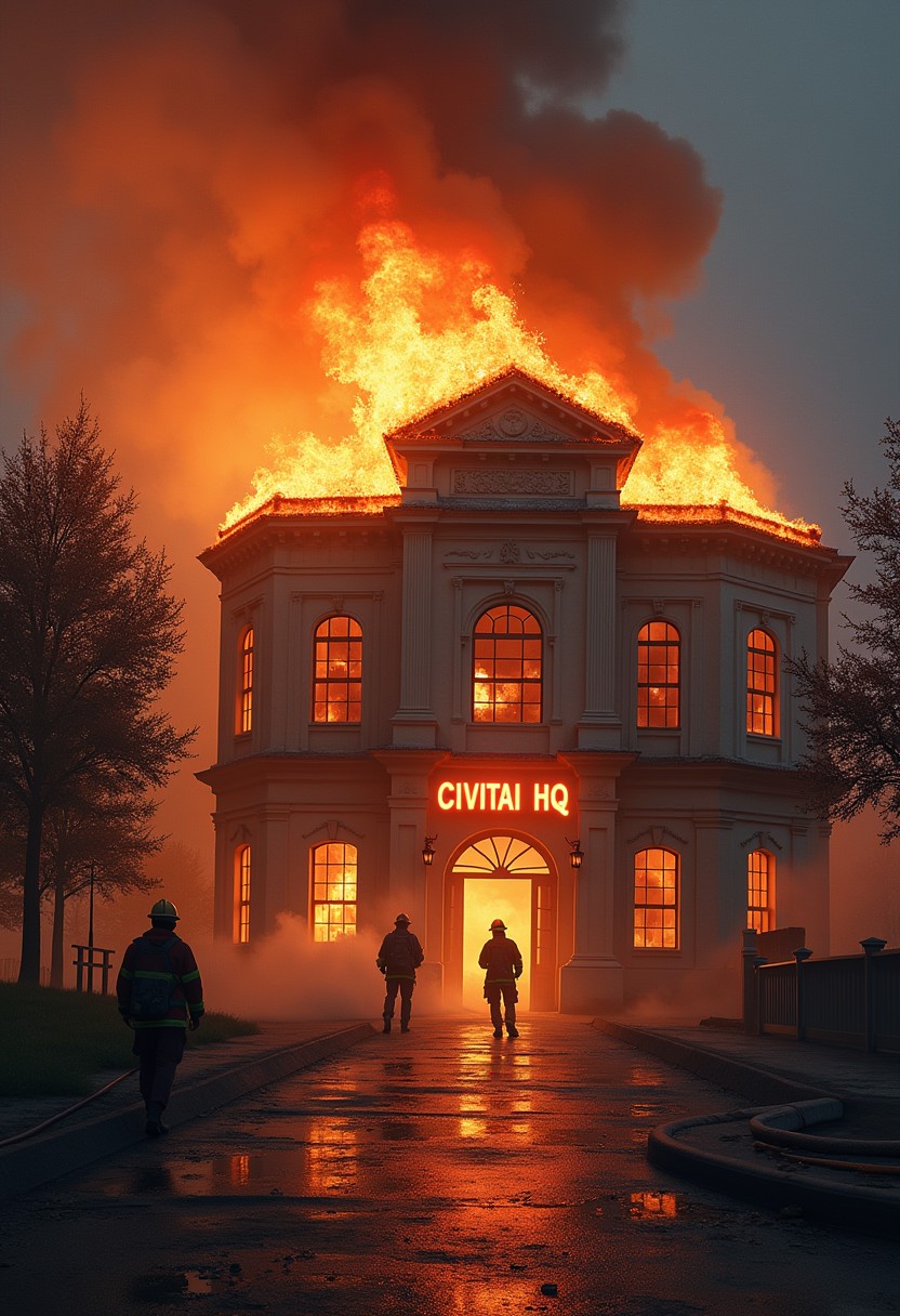 A photorealistic picture of a building on fire, firemen trying to put out fire, A huge sign at entrance saying "CIVITAI HQ", very detaied, highest quality