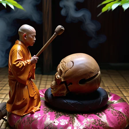 Create a realistic image of a monk using a wooden stick to strike a wooden skull. The scene should capture the monk in traditional robes, focusing intently on the wooden skull. The background should be simple, possibly in a temple or a serene outdoor setting, emphasizing the solemnity of the moment. The lighting should highlight the textures of the wood and the monk's robes, creating a peaceful yet intense atmosphere,<lora:wood_fish:0.85>