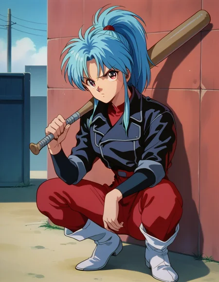 score_9, score_8_up, score_7_up, 1girl, solo,
looking at viewer,
<lora:Botan PDXL:0.8>, botan, ponytail, blue hair, parted bangs, pink eyes, jacket, pants, red pants, boots, white footwear,
outdoors, uneven eyes, raised eyebrow, holding baseball bat, weapon over shoulder, squatting,