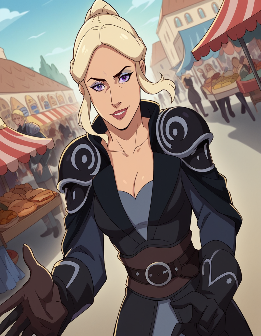 score_9, score_8_up, score_7_up, source_anime, <lora:allura-vysoren-s3-ponyxl-lora-nochekaiser:1>, allura vysoren, ponytail, blonde hair, sidelocks,purple eyes, makeup, lipstick, cleavage, medium breasts, belt, long sleeves, dress, black dress, collarbone, shoulder armor, gloves, street market, vendor, street food, bustling crowd, local flavor, vibrant, smile, looking at viewer, smile, solo,, dutch angle, cowboy shot