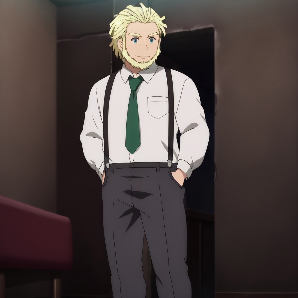 Zpdxl3, Score_7_up, score_8_up, three quarter view, full body, (solo male:1.3), solo,anime screencap,
BREAK,
1boy, mohn, blonde hair, mature male, white shirt, (formal wear), necktie, standing, suspenders, chinstrap beard,  hands in pockets, indoors, dark room, neutral expression,