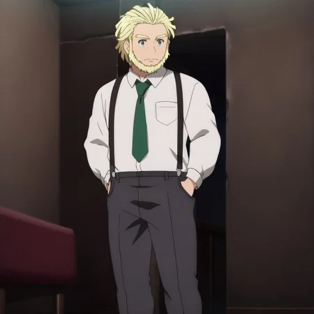 Zpdxl3, Score_7_up, score_8_up, three quarter view, full body, (solo male:1.3), solo,anime screencap,
BREAK,
1boy, mohn, blonde hair, mature male, white shirt, (formal wear), necktie, standing, suspenders, chinstrap beard, hands in pockets, indoors, dark room, neutral expression,