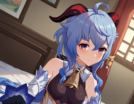 score_9, score_8_up, score_7_up, source_anime,
ganyu, <lora:genshin-ganyu-ingame-ponyxl-lora-nochekaiser:1>,
ganyu, blue hair, goat horns, horns, long hair, purple eyes, sidelocks, smile,
gloves, bare shoulders, detached sleeves, black gloves, bell, bodysuit, neck bell, black bodysuit, vision \(genshin impact\), bodystocking, cowbell, chinese knot,
indoors, bed, bed room, on side, blush, drunk,
looking at viewer, cowboy shot, dutch angle,