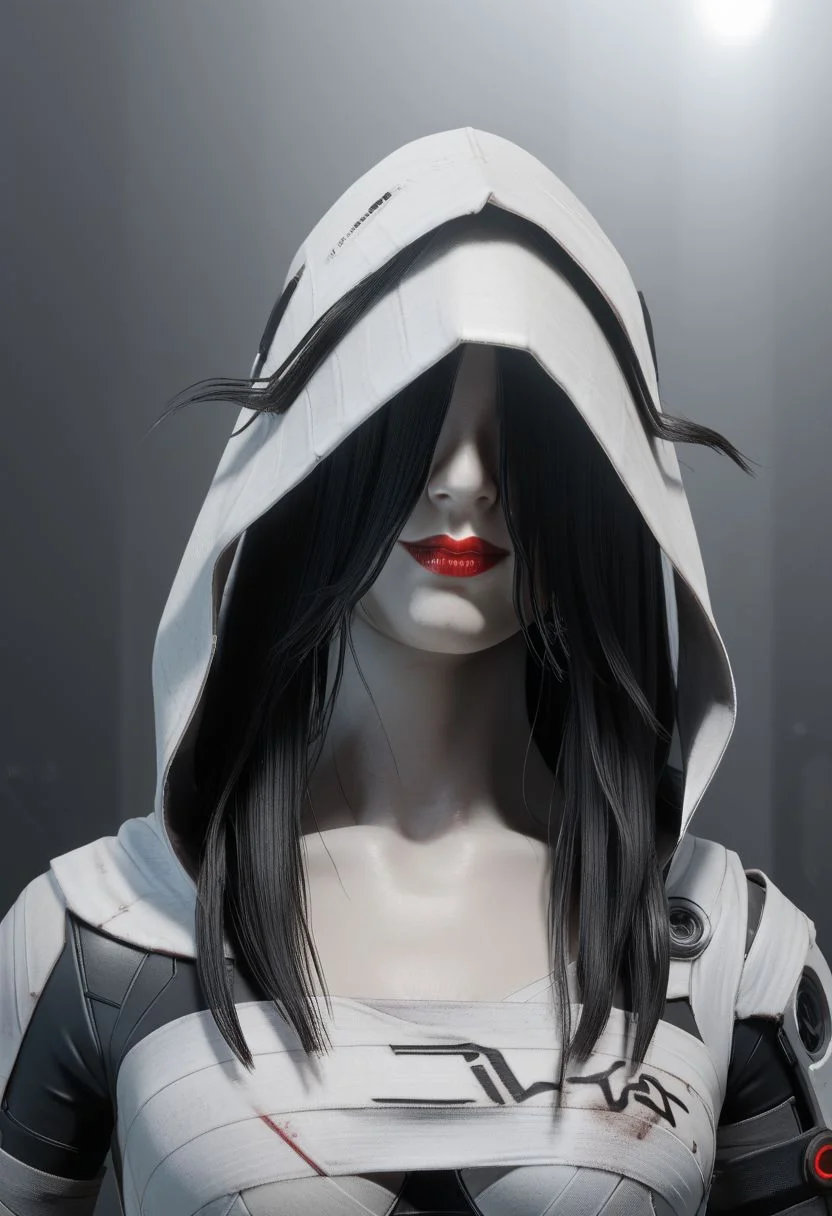 score_9, score_8_up, science fiction, exploration bodysuit, solo, 1girl, flboltxl, pale skin,black hair,hair over eyes,red lips, white bandages,hood,chest sarashi