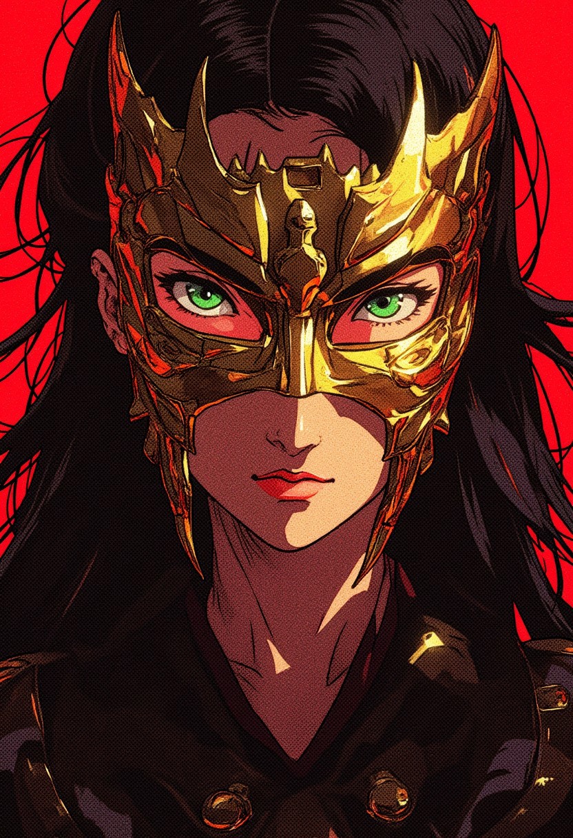 A girl with bright green eyes and long black hair that flutters slightly. Her face is partially hidden by a beautiful golden mask, a mempo, that covers her mouth and nose.  bright makeup with red eyeshadow around her eyes, a dangerous look. In the background, there is a rich red color, which enhances the contrast and drama of the image