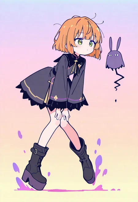 masterpiece,best quality, newest, Smooth, very awa, very aesthetic, flat colors,
Colorful themes, High Saturation, haiz_ai, orenji,
<lora:ponyv6_noobE11_2_adamW-000017:0.9> <lora:MeMaXL4:0.8> <lora:veluflora-wai:0.35> <lora:haiz_ai_illu:0.7>, allegro, orenji, haiz_ai,
1girl, petite, solo, cute, kawaii, orange hair, bob cut, green eyes, fair skin, messy hair,
narrow waist, dress, black boots, goth fashion, platform boots, looking forward, gradient background, feet apart, knees together, arms bent,
fantasy, floating, levitating,