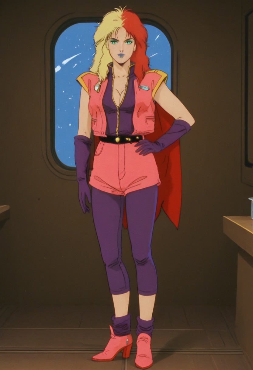 score_9, score_8_up, score_7_up, score_6_up, anime screencap, anime coloring, <lora:CharaSoon_epoch_8:0.8>, CharaSoonS1, red hair, blonde hair, long hair, multicolored hair, lipstick, blue lips, purple eyes, green eyeshadow,
pink jacket, cleavage, breasts, purple gloves, elbow gloves, black belt, cape, pink shorts, purple pants, purple socks, pink high heels,
full body, standing,facing viewer, hand on own hip, 
BREAK, indoors, window, space,