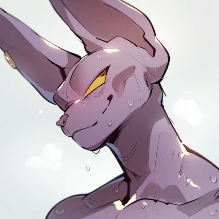 score_9, score_8_up, score_7_up, score_6_up), score_5_up, beerus, purple skin, yellow eyes, furry, cat, sphynx, portrait, smile, sweaty