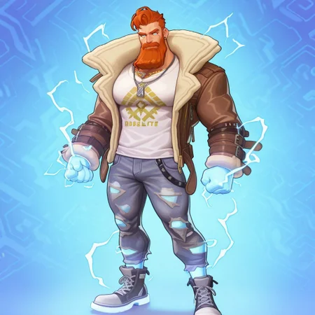 masterpiece, best quality, amazing quality, absurdres, highres, 1boy, male, male focus, muscular, bara, solo, muscular male, pectorals, electricity, Donar_Dislyte, Orange Hair, Glowing Arms, Glowing Legs, Beard, Facial Hairv, t-shirt, fur-trimmed jacket, ripped jeans, standing, electric background,