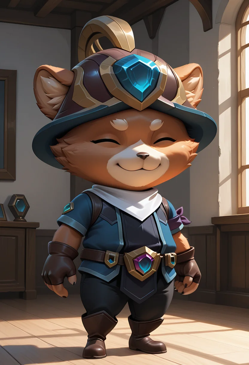 vibrant, beutiful quality, detailed background, indoors, no lineart,
, <lora:teemo-v3-000014:1> wrthex, yordle, (plump:0.5), furry male, closed eyes,
, brown helmet, gem hat ornament, white bandana, brown_gloves, fingerless_gloves, (purple_armband), blue jacket, short sleeves, black tabard, gem belt, black sweatpants, brown knee boots,