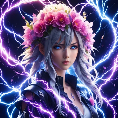 flowerart, flower,lighting_thunder,lighting,thunder,<lora:flower_art:0.8> <lora:electricity:1>, portrait of an anime person, aesthetic, wlop, trending on artstation, deviantart, anime key visual, 8k uhd