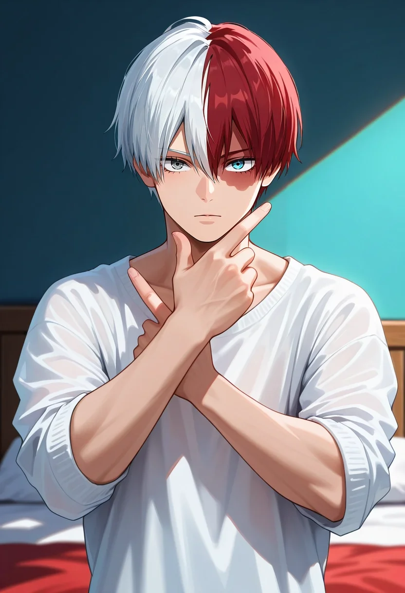 masterpiece, best quality, , (photorealistic:0.6), looking at viewer, , 1boy, solo, male focus, <lora:shouto_todoroki_ilxl:0.92>, shouto_todoroki, white hair, red hair, grey eyes, blue eyes, heterochromia, short hair, hair between eyes, bangs, multicolored hair, two-tone hair, split-color hair, burn scar, scar on face, symmetry, bedroom, light, jojo pose, expressionless, luau costume