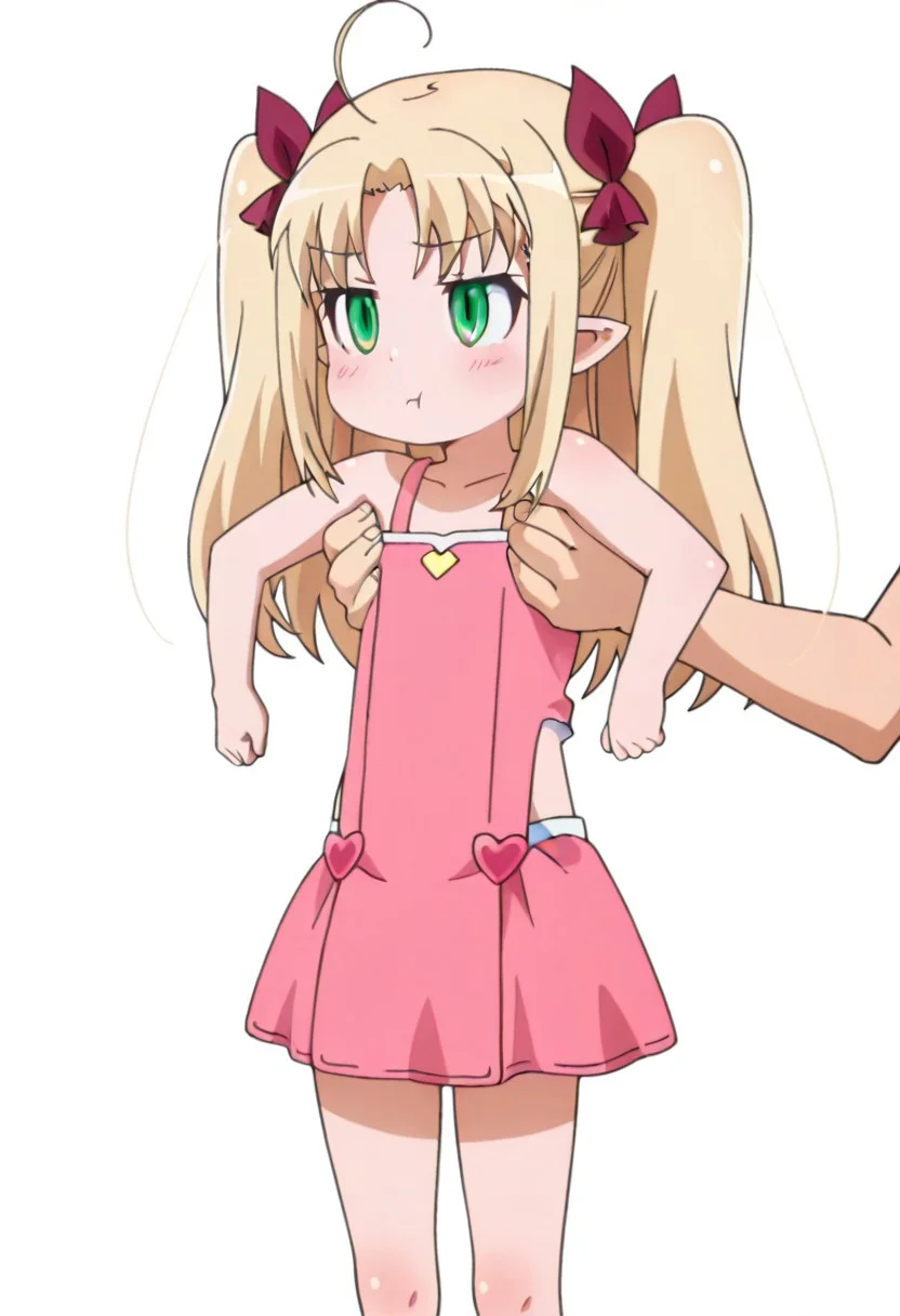armpitc4rry, 1girl, 1other, solo focus, carrying, lifting person, standing, pout, :t, disembodied limb, thighs, simple background, white background, astarotte ygvar, anime coloring, aged down <lora:Astarotte_no_Omocha_-_illustrious:0.8>