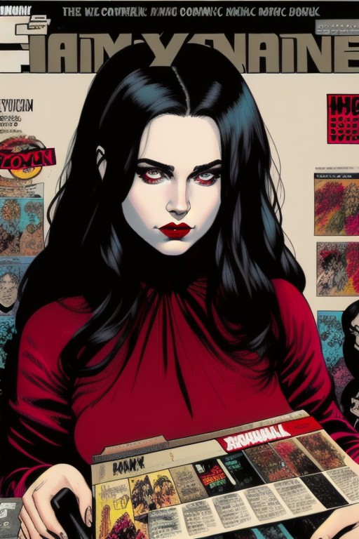 Romanian vampire girl, 23 years old, (beautiful:1.75), (very pale skin:1.35), (gothic makeup:0.99), (Red Lipstick:1), (black hair), (anime:0.35), (oval face:0.25), (attractive), (night), (front view:1.25), (elegant), 10 minutes before the world will end, hyper-realistic, ultra-detailed, insanely detailed, 4k, realistic 8k, shot on portra 400, (back light), (comic book style:1.75), (2D:1.85)